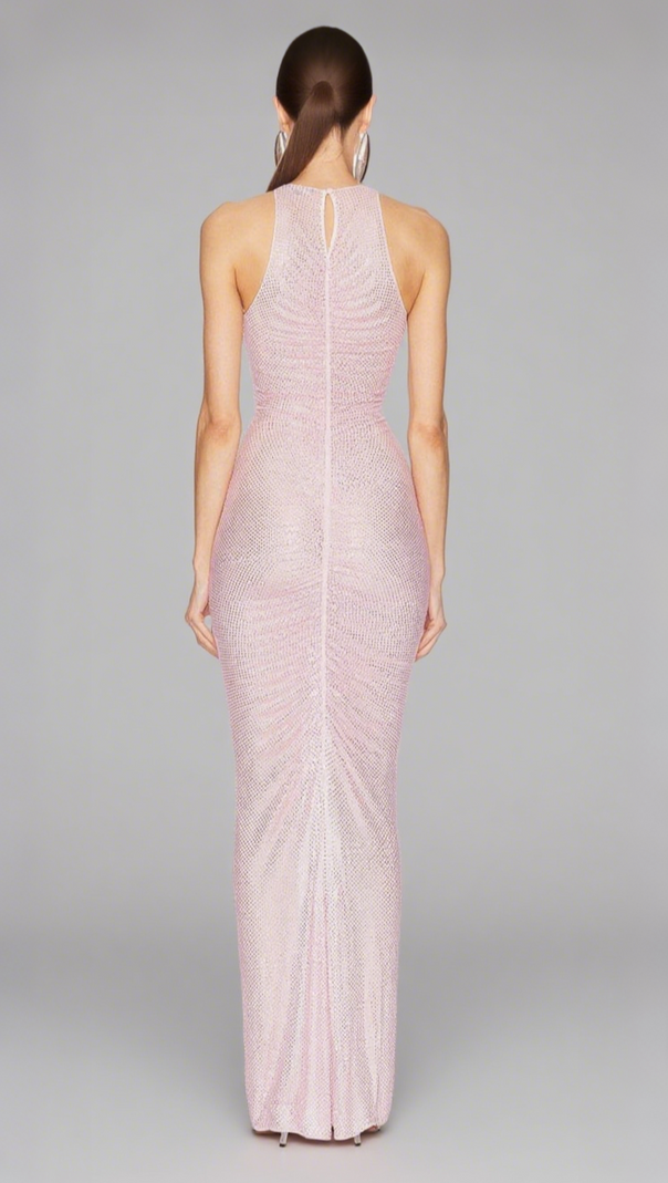 AIIZIE HOLLOW MESH RHINESTONE SLEEVELESS MAXI DRESS IN PINK - product image