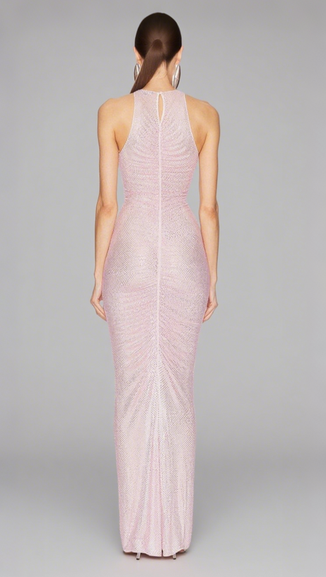 ABITO LUNGO SENZA MANICHE CON STRASS A MAGLIA CAVA ROSA