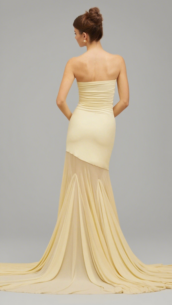 AIIZIE STRAPLESS COLOR BLOCK MERMAID MAXI DRESS IN YELLOW - product image