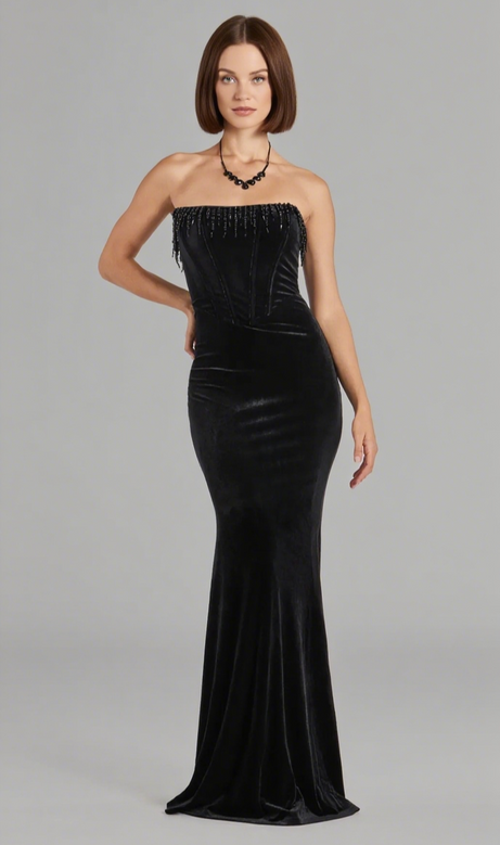 Luisa Pearl Fringe Trim Velvet Corset Mermaid Dress