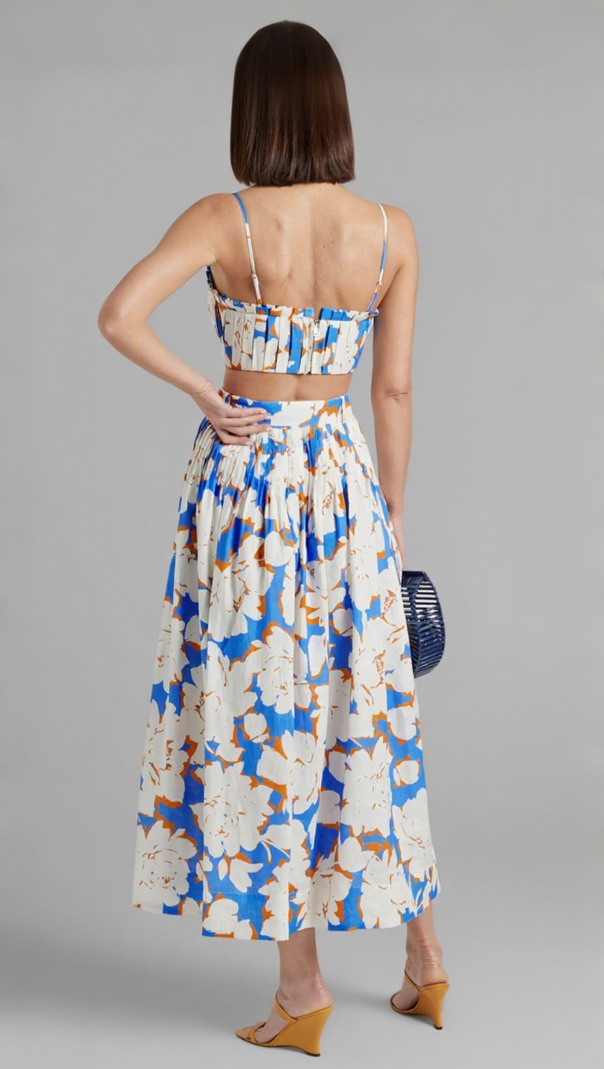 AIIZIE PLEATED FLORAL-PRINT LINEN BUSTIER TOP SKIRT SET IN BLUE - product image