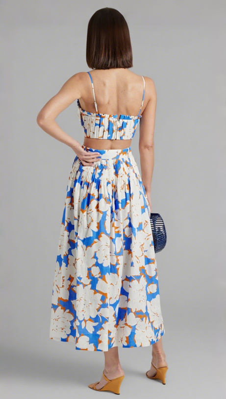 Plissiertes Bustier-Top-Rock-Set aus Leinen mit Blumenmuster in Blau