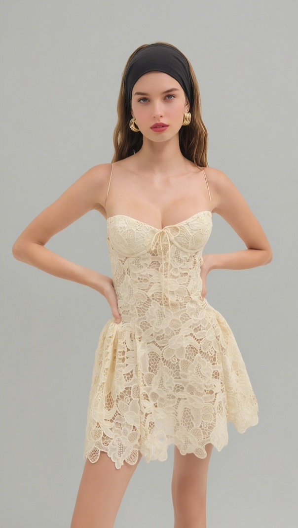 AIIZIE LACE HOLLOW SLEEVELESS MINI DRESS IN YELLOW - product image