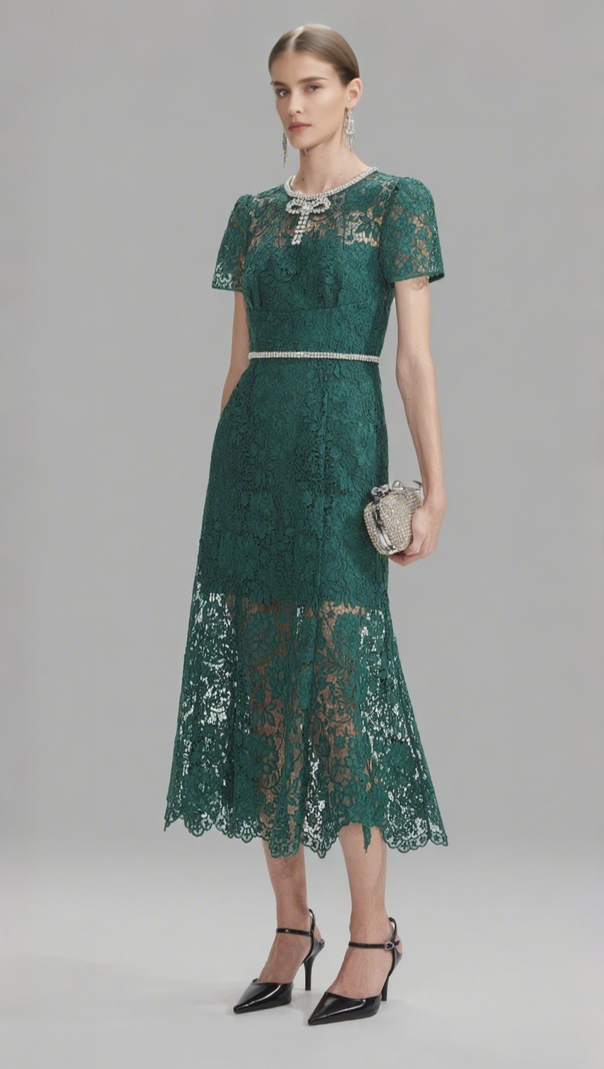 AIIZIE GREEN LACE DIAMANTE BOW MIDI DRESS - product image