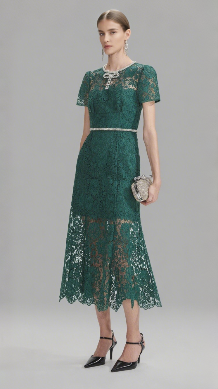 GREEN LACE DIAMANTE BOW MIDI DRESS