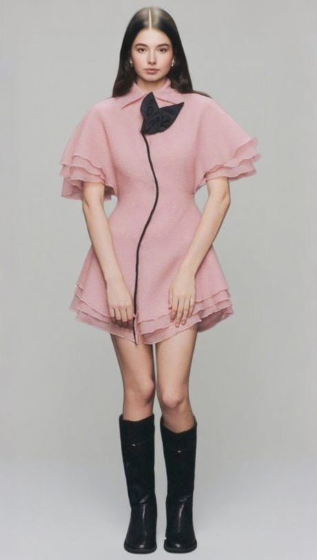 LAYER TRIM CHIFFON SHIRT MINI DRESS IN PINK