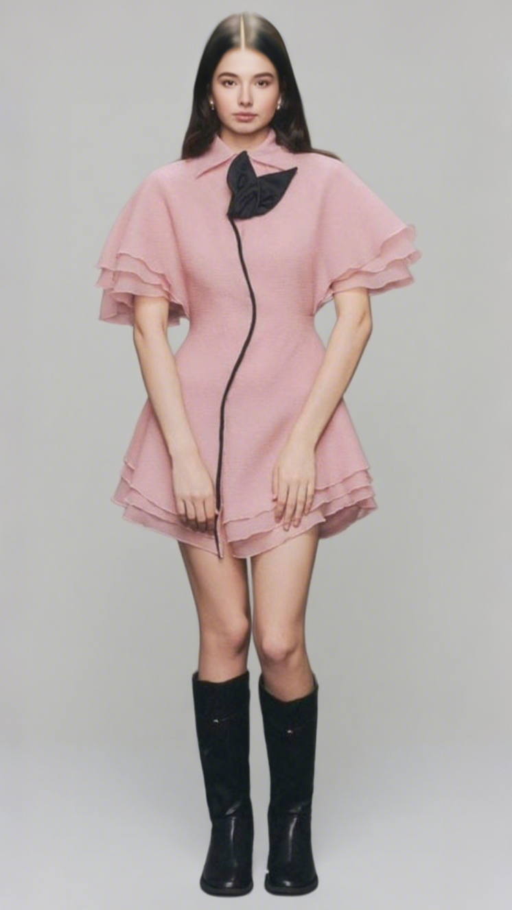 Mini-Chiffon-Hemdkleid mit Lagenbesatz in Rosa