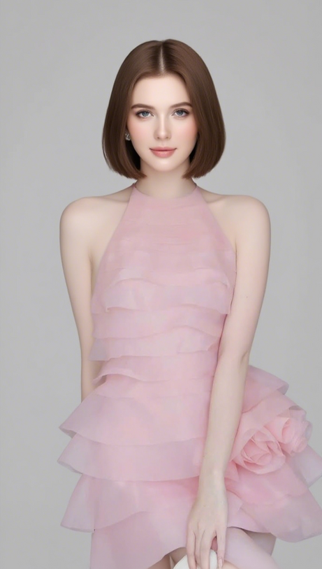 3D FLOWER HALTER RUFFLE LAYER MINI DRESS IN PINK