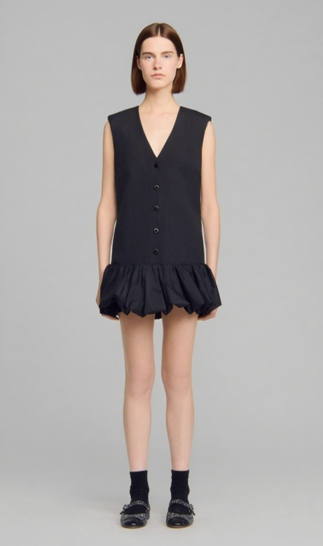 Button Front Bubble Hem mini Dress in black