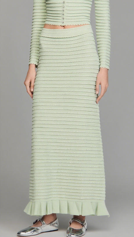 RHINESTONE KNIT MAXI SKIRT IN ALMOND GREEN