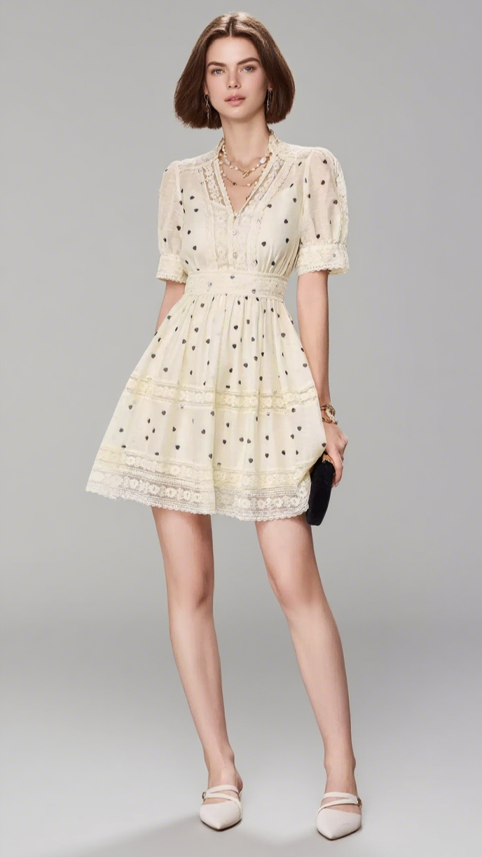 POLKA DOT V-NECK A-LINE MINI DRESS IN APRICOT