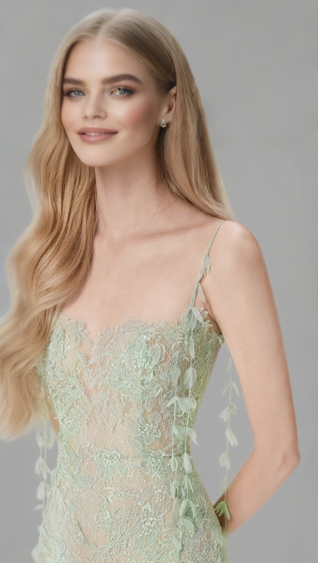 Mintgrünes Bleistiftkleid mit Perlenspitze