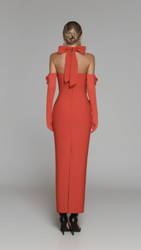 STRAPLESS FLORAL EMBELLISHED MIDI DRESS IN RED