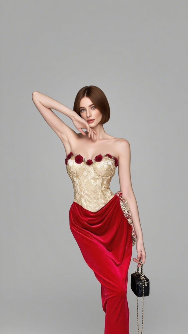 AIIZIE FLORAL ACCENT STRAPLESS MIDI DRESS IN GOLD RED - product image