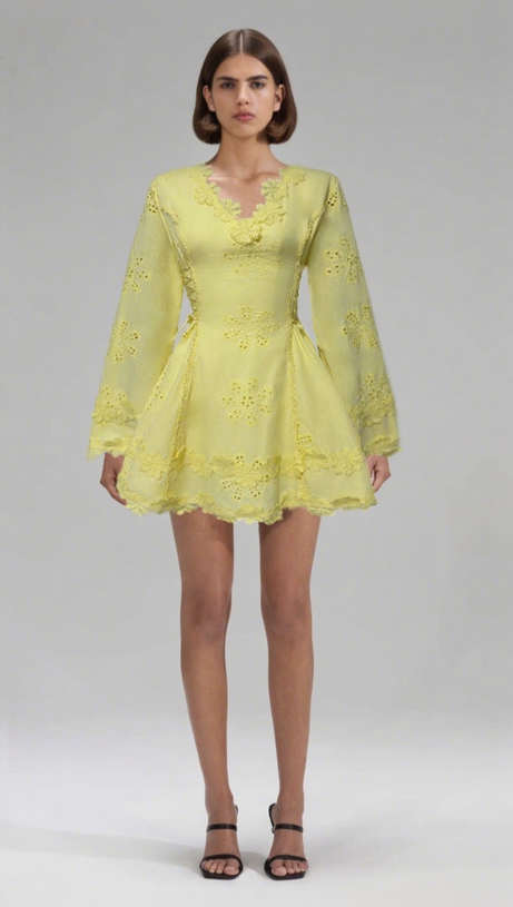 FLOWER EMBROIDERY HOLLOW MINI DRESS IN WHITE