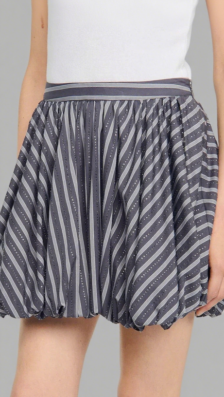 STRIPED RHINESTONE BUBBLE HEM SKIRT IN GREY