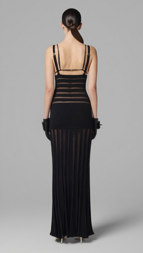 SHEER STRIPED DOUBLE STRAP MAXI DRESS IN BLACK