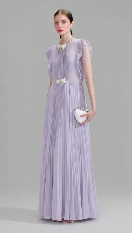 lilac chiffon maxi dress Flowy Chiffon Wrap Pleated Maxi Dress in Lilac