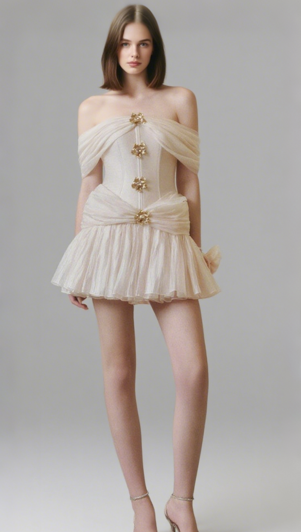 AIIZIE EMERALD FIT AND FLARE CORSET WAIST CHIFFON MINI DRESS - product image