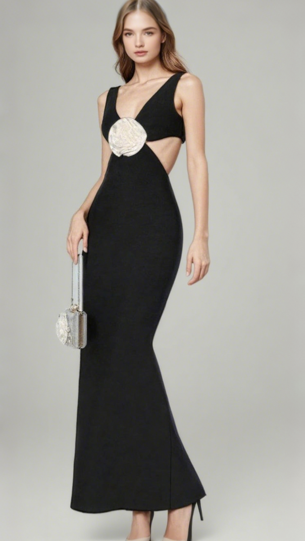 AIIZIE FLOWER V-NECK HOLLOW OUT MAXI DRESS IN BLACK - product image