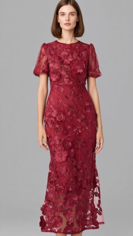 FLOWER MESH MAXI DRESS IN RED