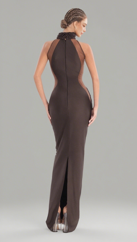 HALTER NECK MESH PANELED MAXI DRESS IN BROWN