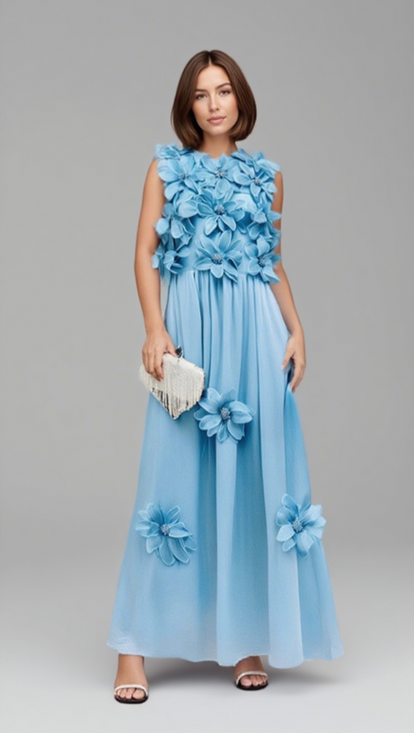 3D FLOWER EMBELLISHED SLEEVELESS MAXI DRESS IN YELLOW