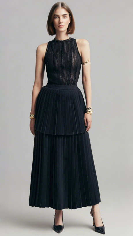 SLEEVELESS PLEATED LAYER SKIRT SUIT IN BLACK