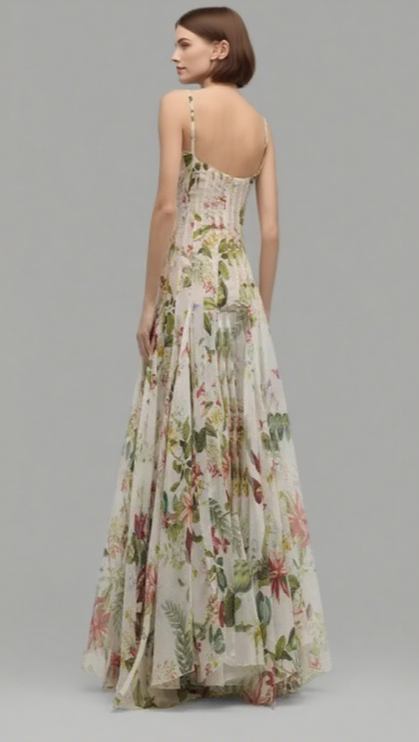 MULTICOLOR FLORAL PRINT FAUNA GAZAR GOWN