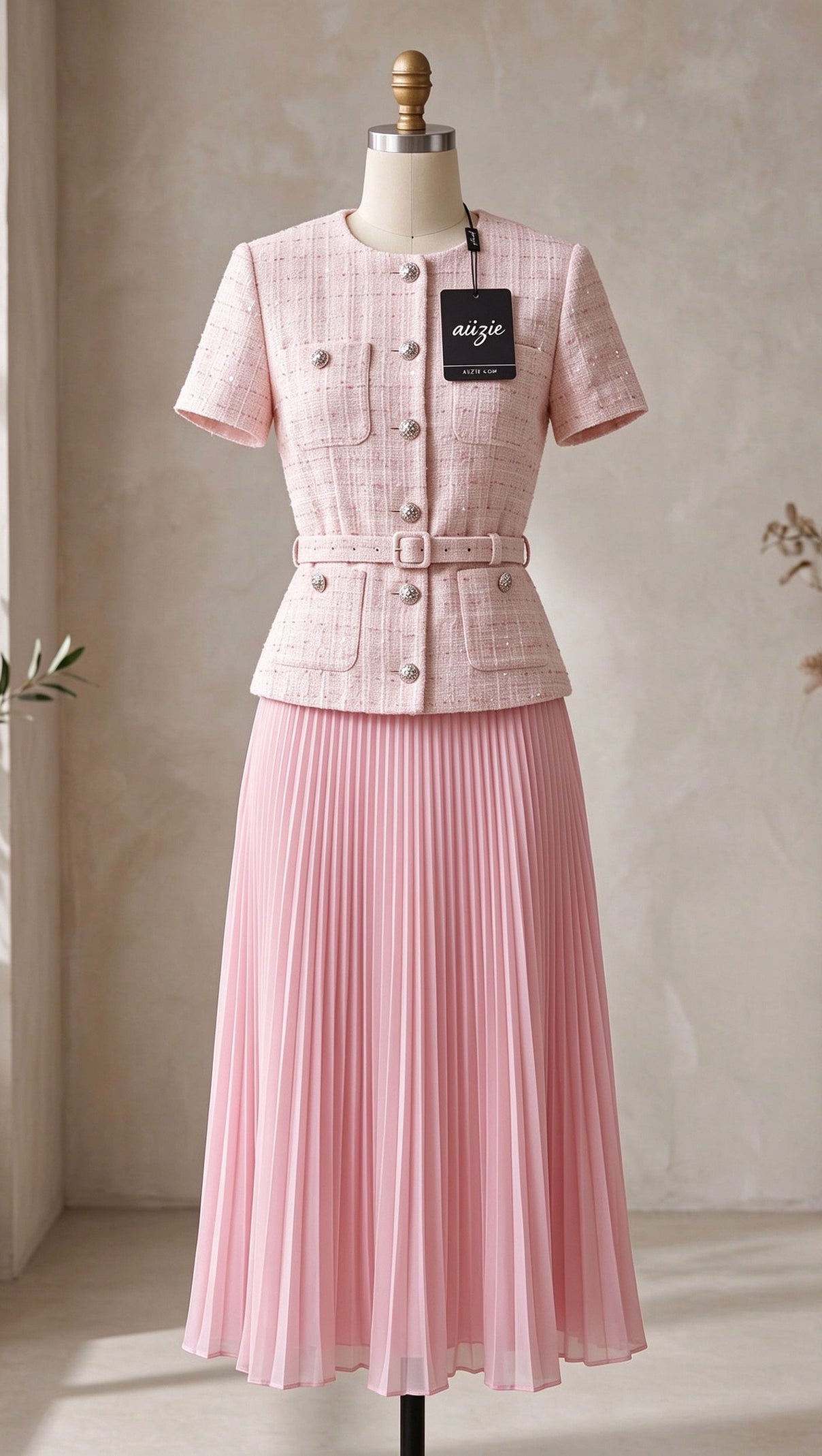 Pale Pink Tweed Fitted Bodice with Peplum and A-Line Skirt Two-Piece Set
