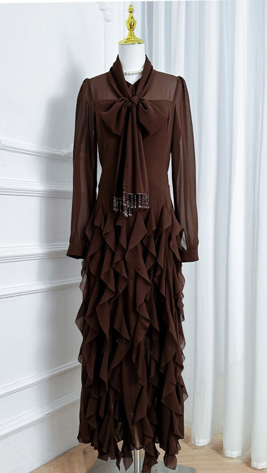 Isaak Ethereal Ruffle Maxi Gown - Elegant Chiffon Dress with Statement Bow Neck