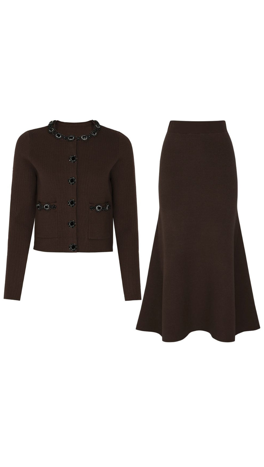 Jie Chic Coffee Ribbed Knit Cardigan & Midi Skirt Set with Embellishments