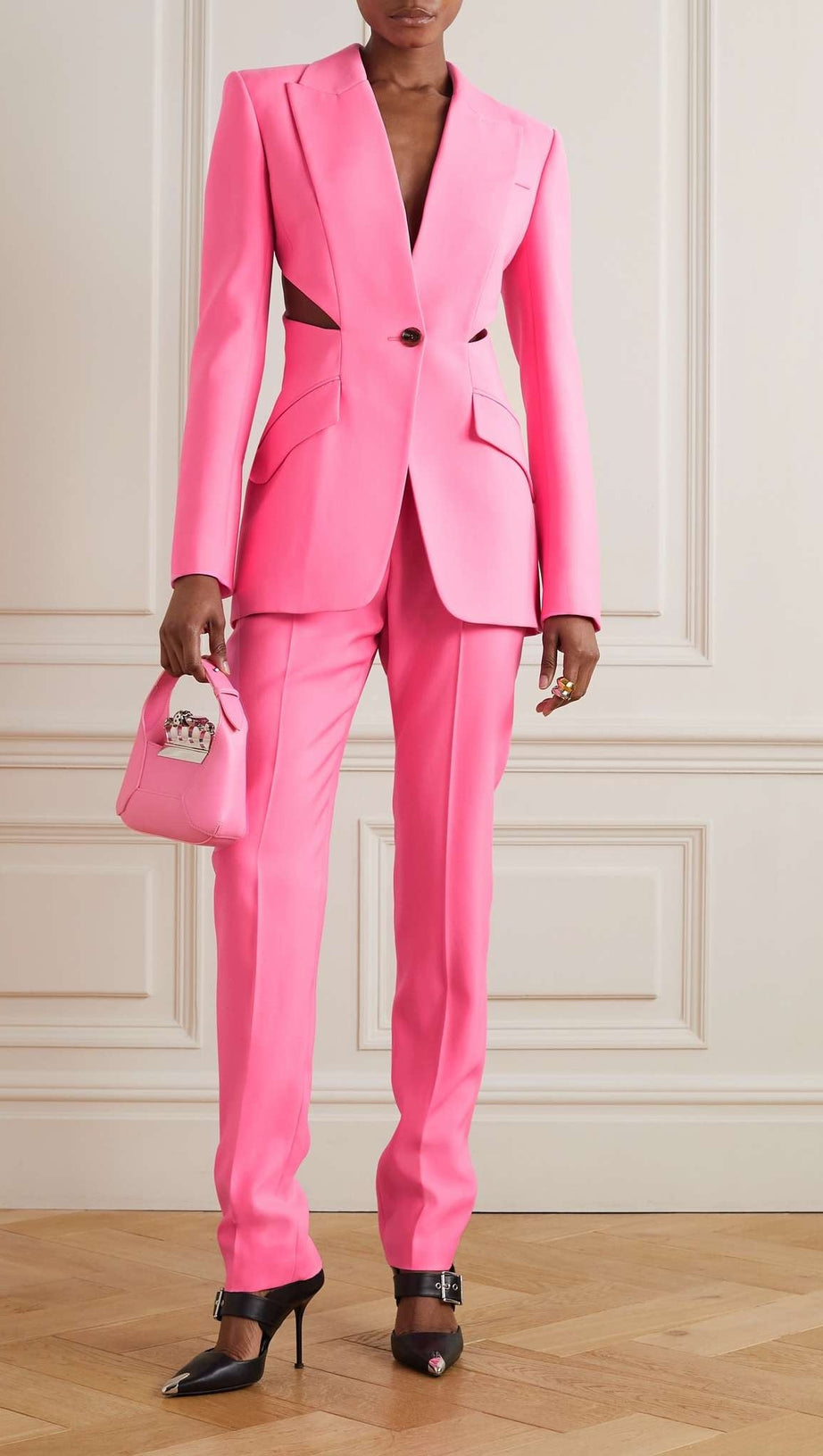 SLASHED SINGLE-BREASTED JACKET SUIT IN PINK