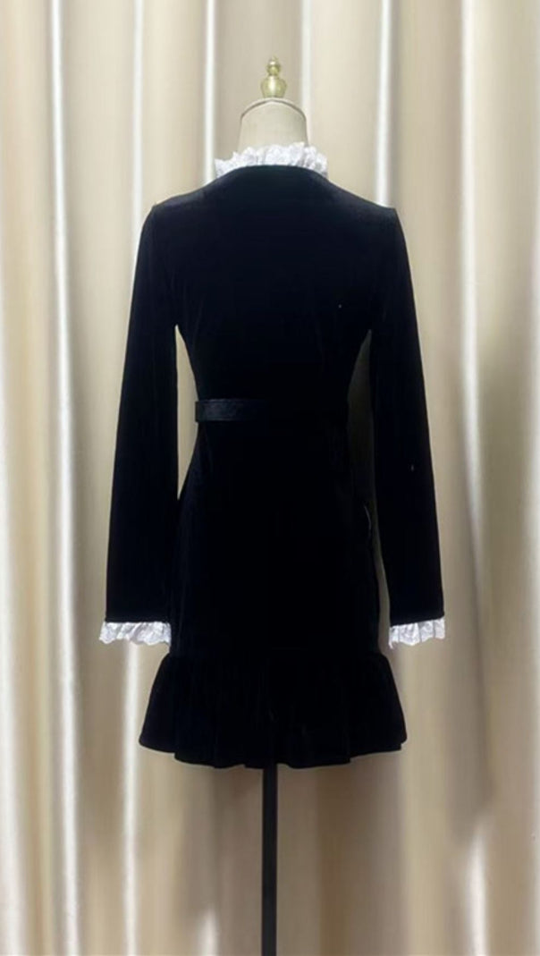 AIIZIE HIRAANI BLACK VELVET GLAM MINI DRESS | LUXE RUFFLE LACE & CRYSTAL EMBELLISHMENTS - product image