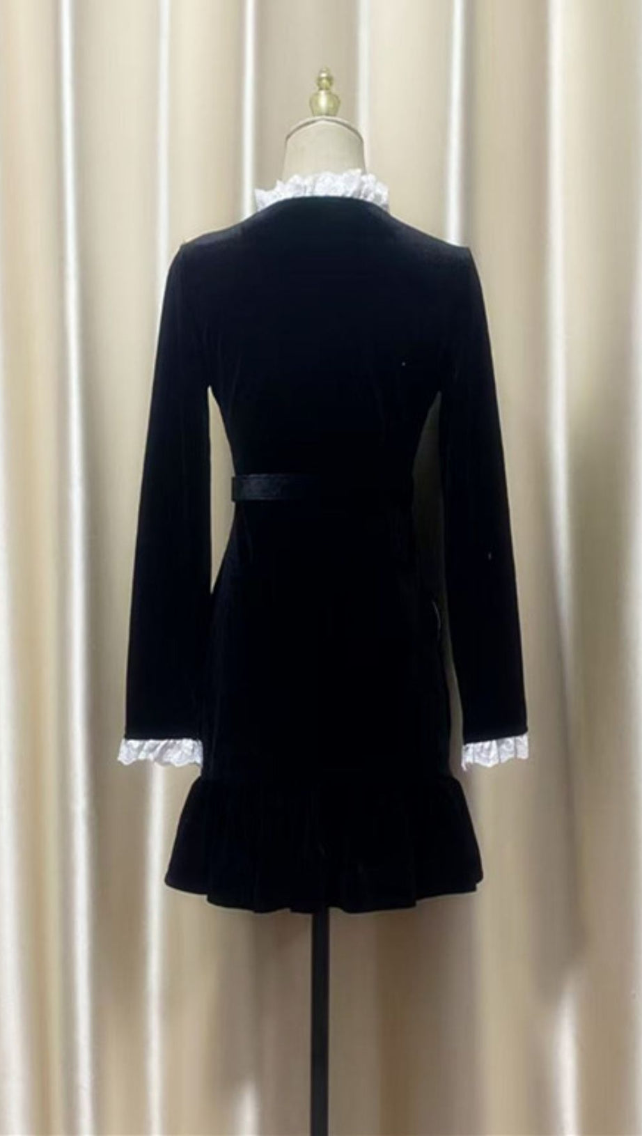 HIRAANI BLACK VELVET GLAM MINI DRESS | LUXE RUFFLE LACE & CRYSTAL EMBELLISHMENTS