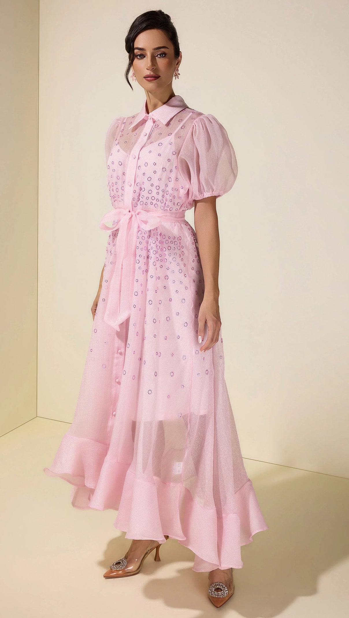 sylvia Rhinestone Puff Sleeve Maxi Dress With Belt - pink