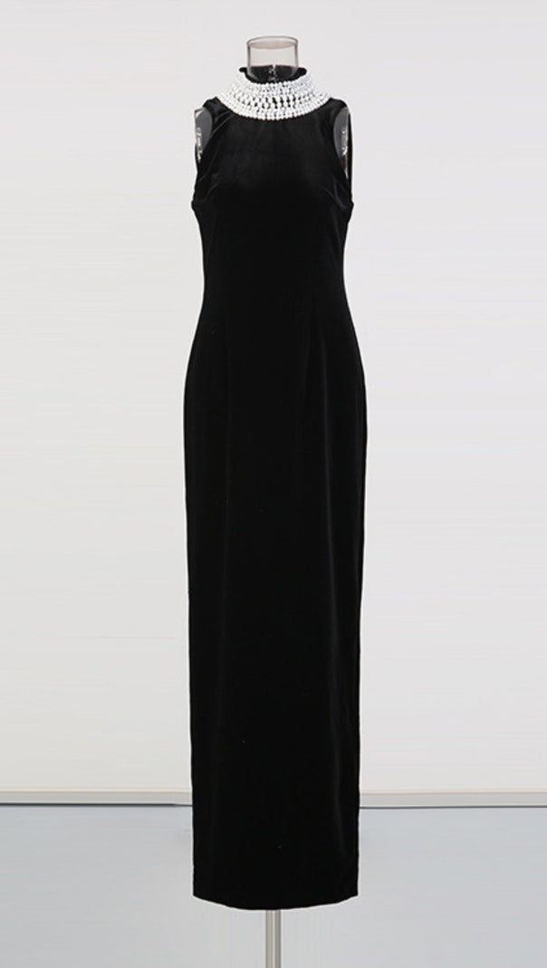 AIIZIE Jovana Black Velvet Pearl Collar Backless Maxi Dress - Luxe Evening Gown - product image
