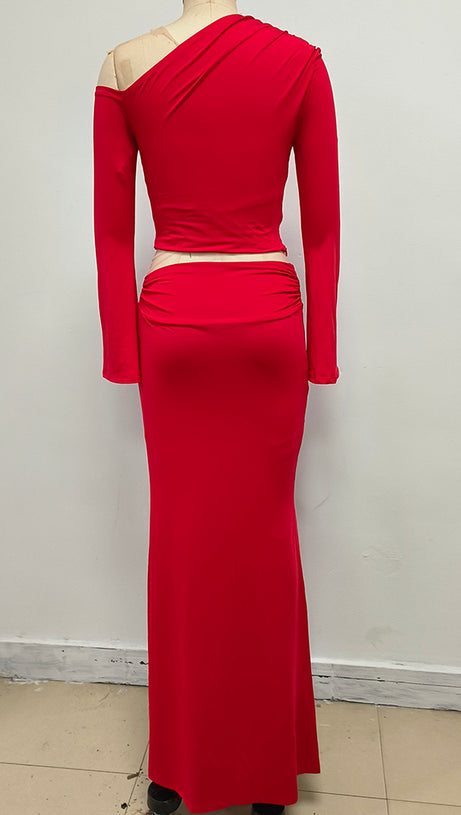 SLANT COLLAR HIGH WAIST SLIM LONG SKIRT RED SUIT