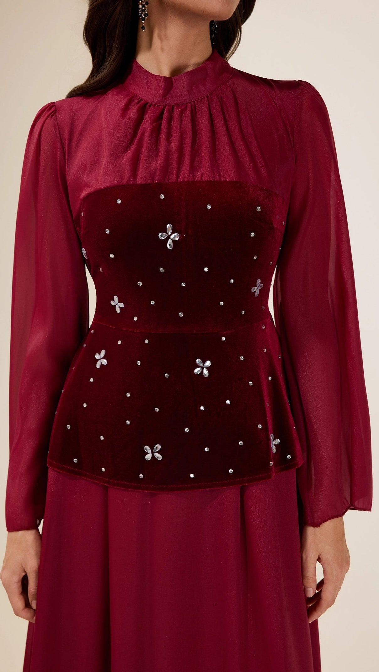 caroline Strass-Samt-Spleiß Maxikleid - Burgund