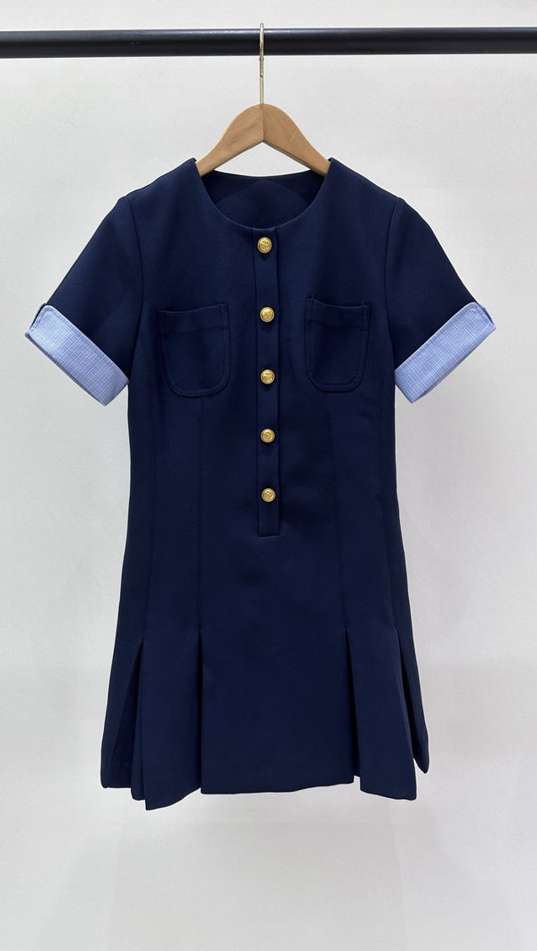 AIIZIE Navy Chic Pleated Mini Dress | Contrast Cuff & Gold Button Detail - product image