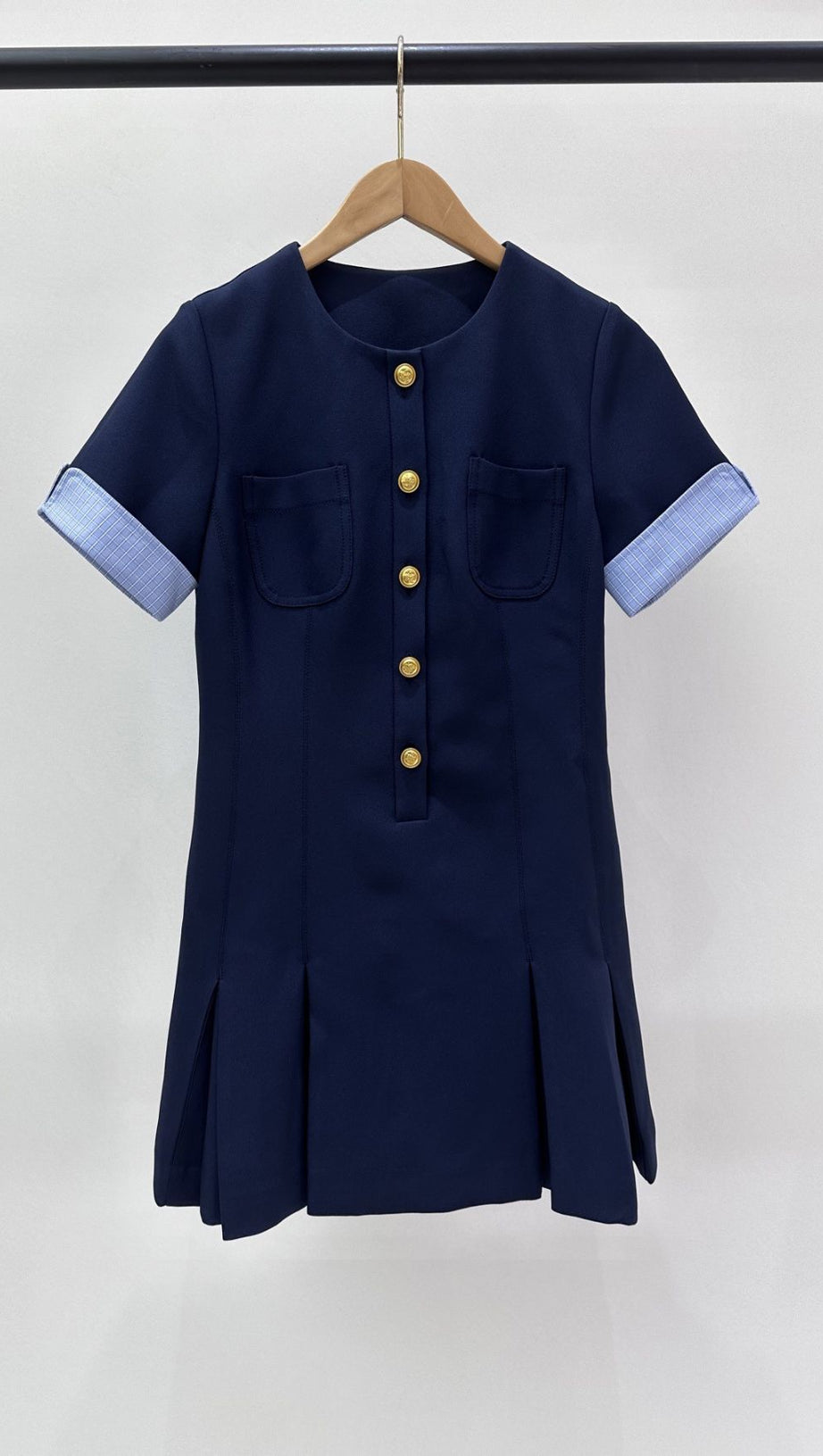 Navy Chic Pleated Mini Dress | Contrast Cuff & Gold Button Detail