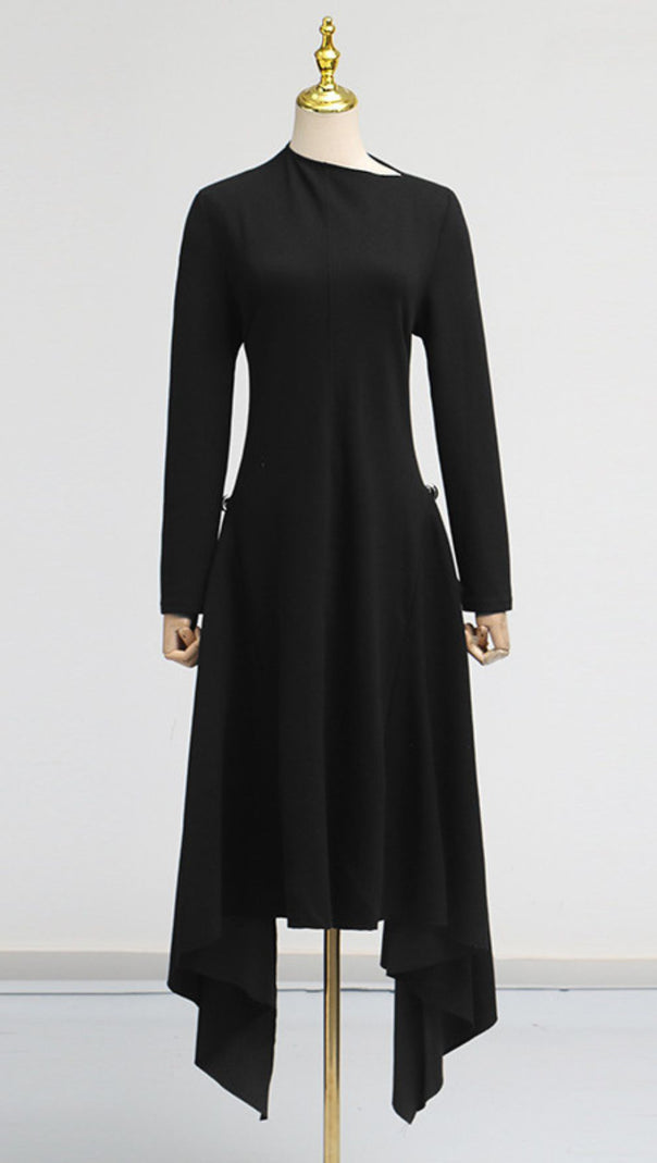 AIIZIE Johnna Emerald Green Asymmetrical Midi Dress - Long Sleeve Sophistication - product image