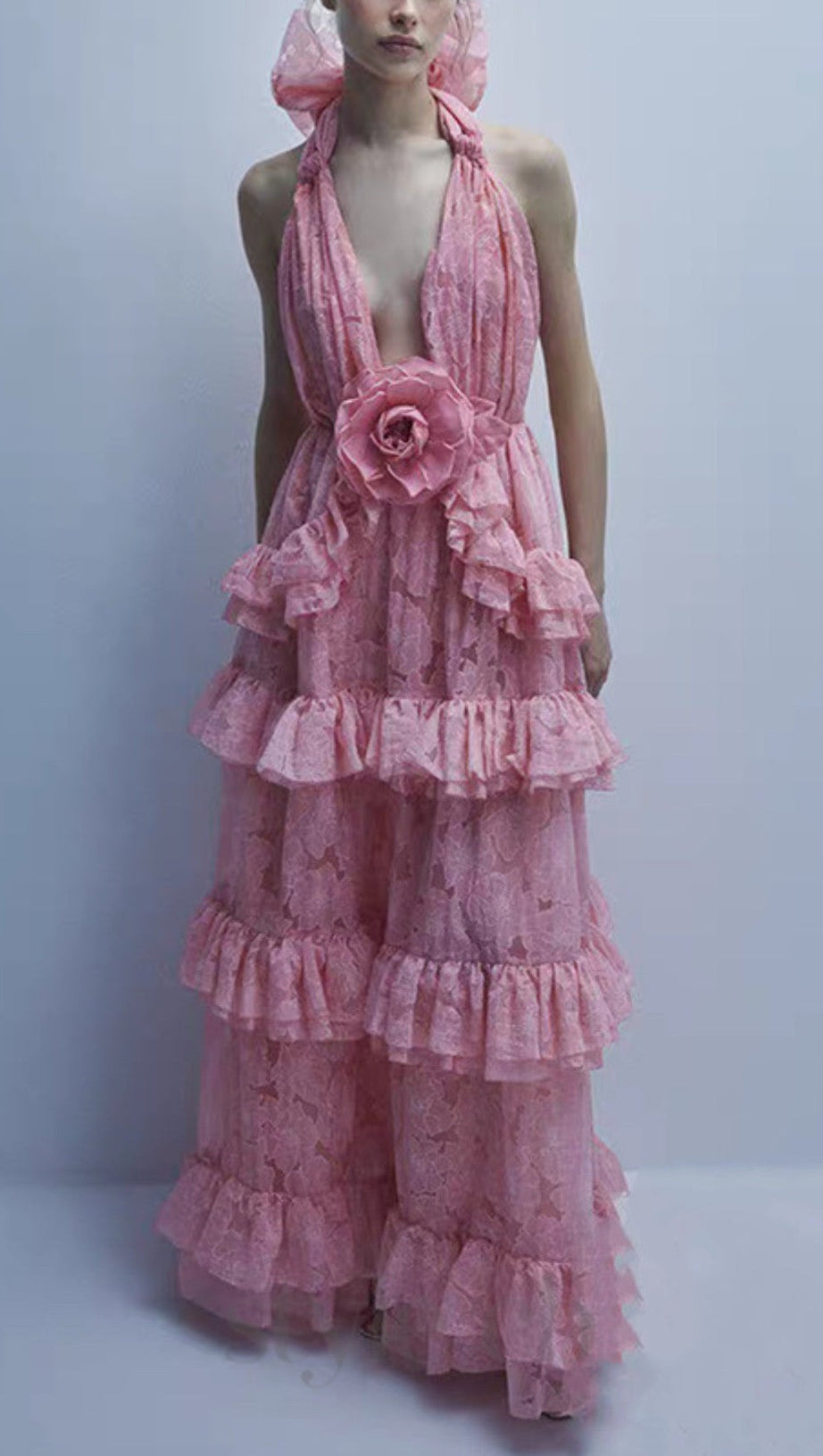 HALTER FLOWER RRUFFLE MAXI DRESS IN PINK