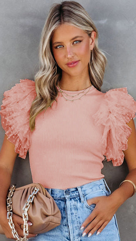 BLACK DOTTY MESH RUFFLE SLEEVE RIBBED KNIT TOP