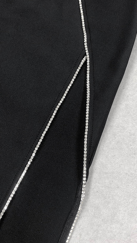 TRACY CRYSTAL STRIPE EMBELLISHED ONE-SHOULDER BLACK MAXI DRESS