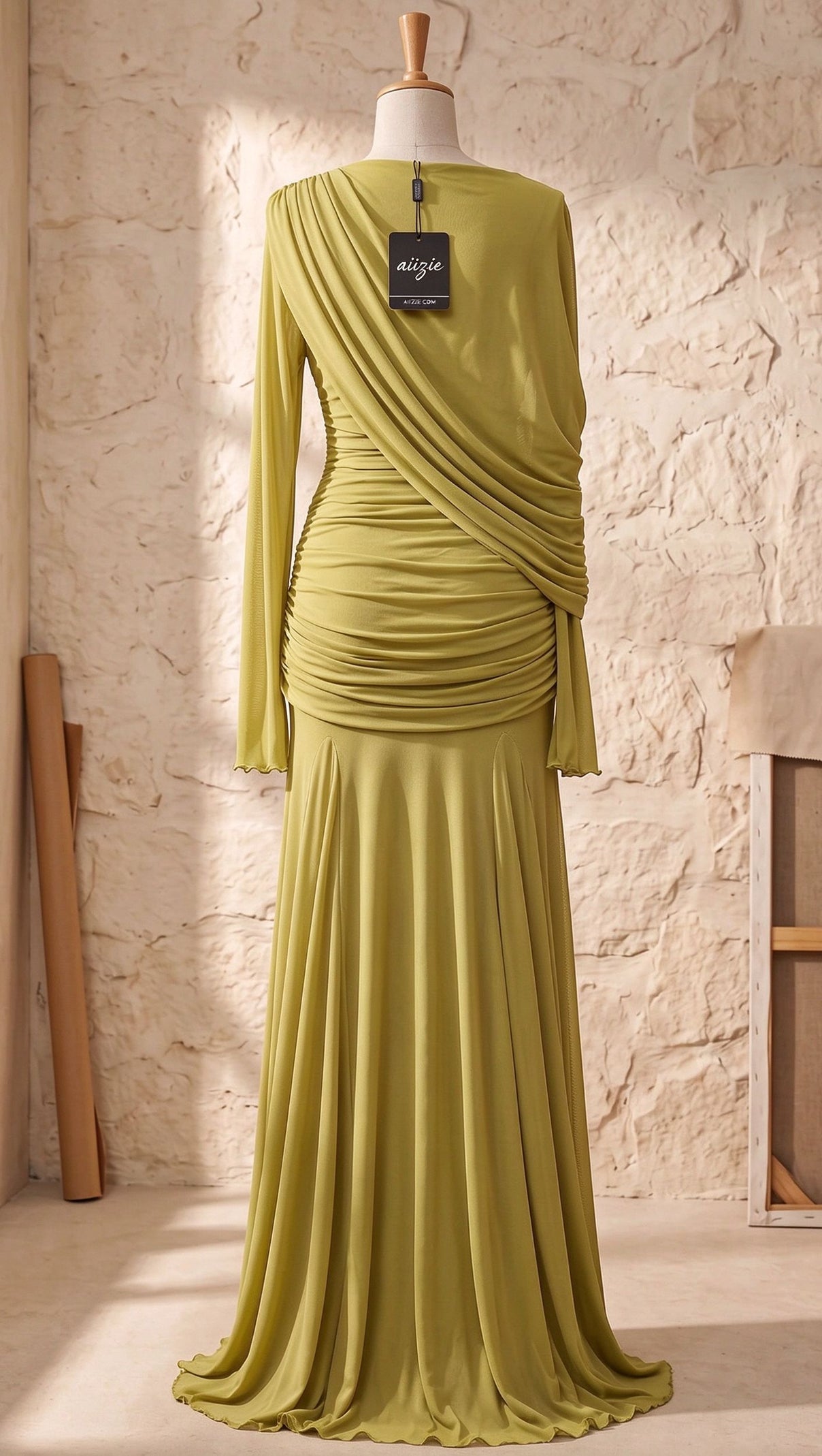 Chartreuse Ruched Mesh Gown