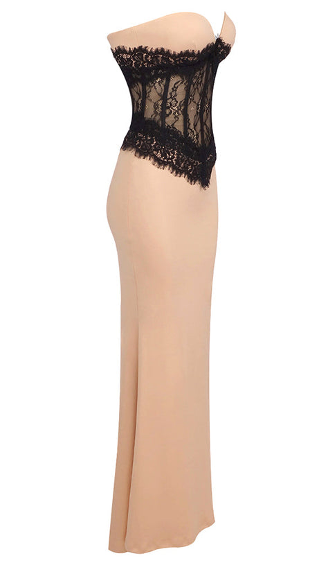 ADELE CREPE LACE CORSET MAXI DRESS IN BEIGE