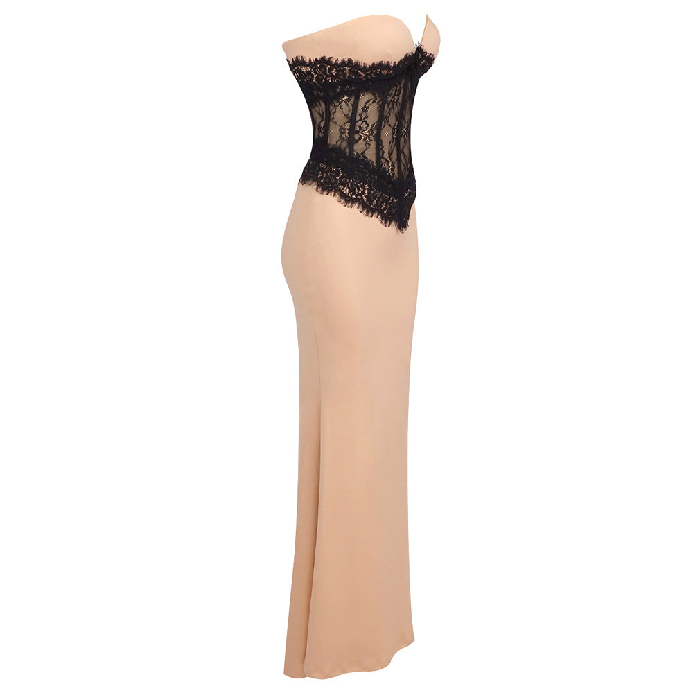 AIIZIE ADELE CREPE LACE CORSET MAXI DRESS IN BEIGE - product image