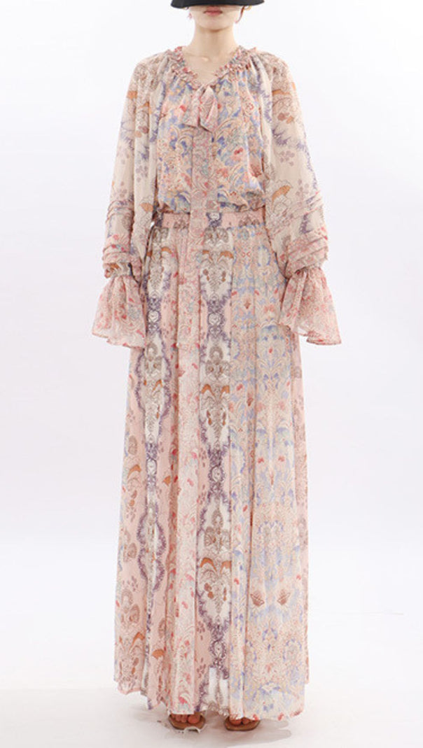 AIIZIE Jawahir Boho Chic Printed Long Sleeve Maxi Two-Piece Set - Effortless Elegance - product image