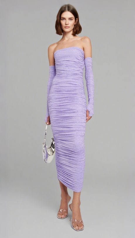 TISA CRYSTAL-EMBELLISHED RUCHED MIDI DRESS